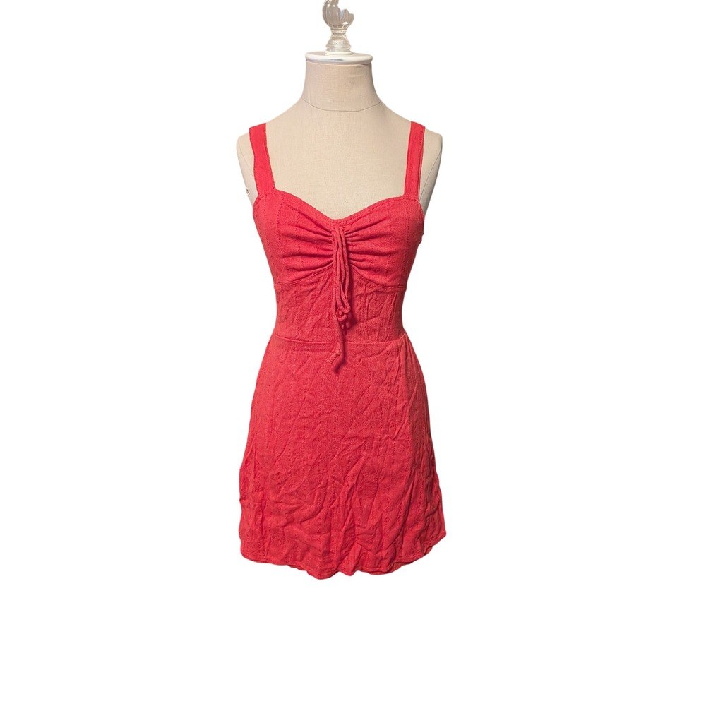 Billabong Coral Red Smocked Back Sun Dress Boho Beachy Tie Front Mini Size Small